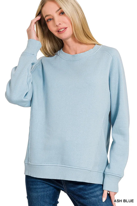 Image of Zenana Fleece Round Neck Ribbed Side Raglan Sweatshirt | Queeble.shop