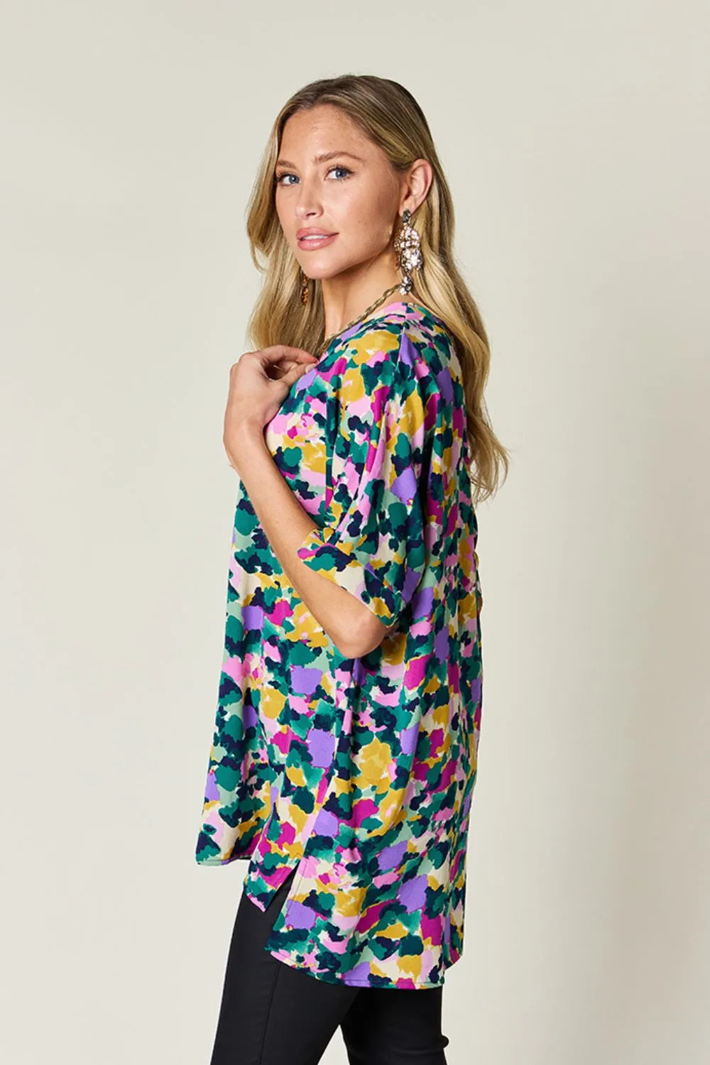 Image of Double Take Full Size Printed V-Neck Short Sleeve Side Slit Top | Queeble.shop