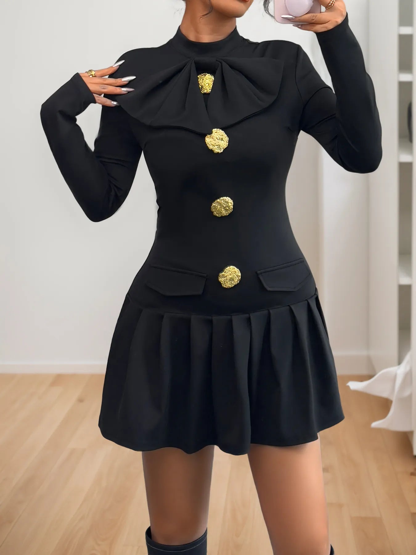Image of Decorative Button Mock Neck Long Sleeve Mini Dress | Queeble.shop