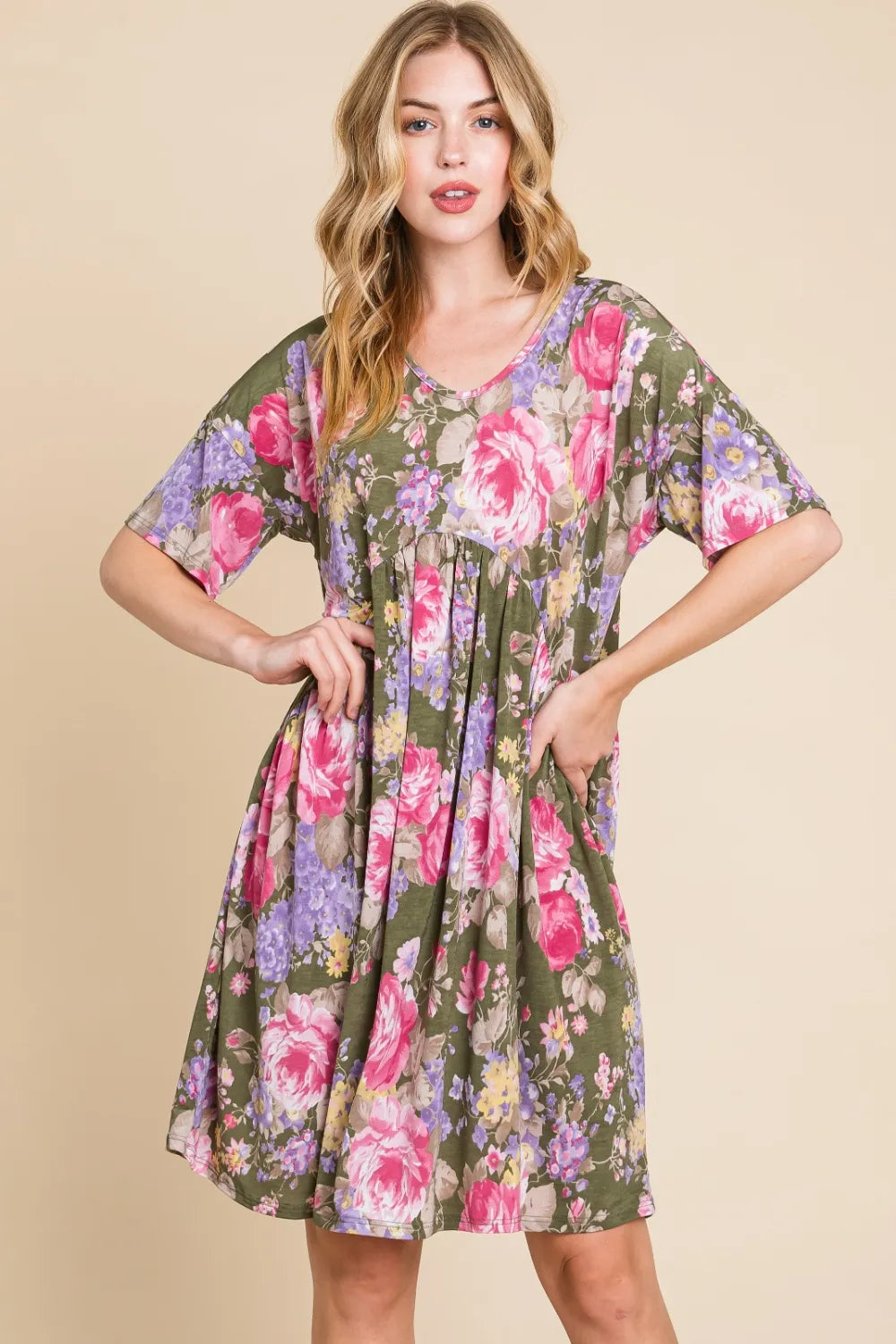Image of BOMBOM Flower Print V-Neck Ruched Dress | Queeble.shop