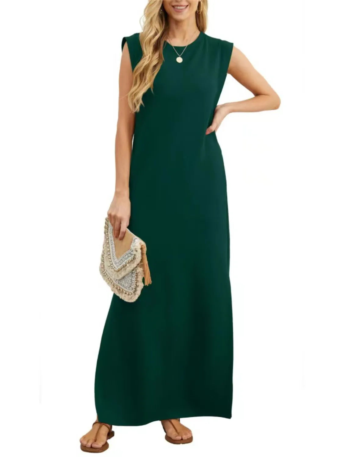 Image of Full Size Slit Round Neck Sleeveless Maxi Tank Dress Plus Size | Queeble.shop