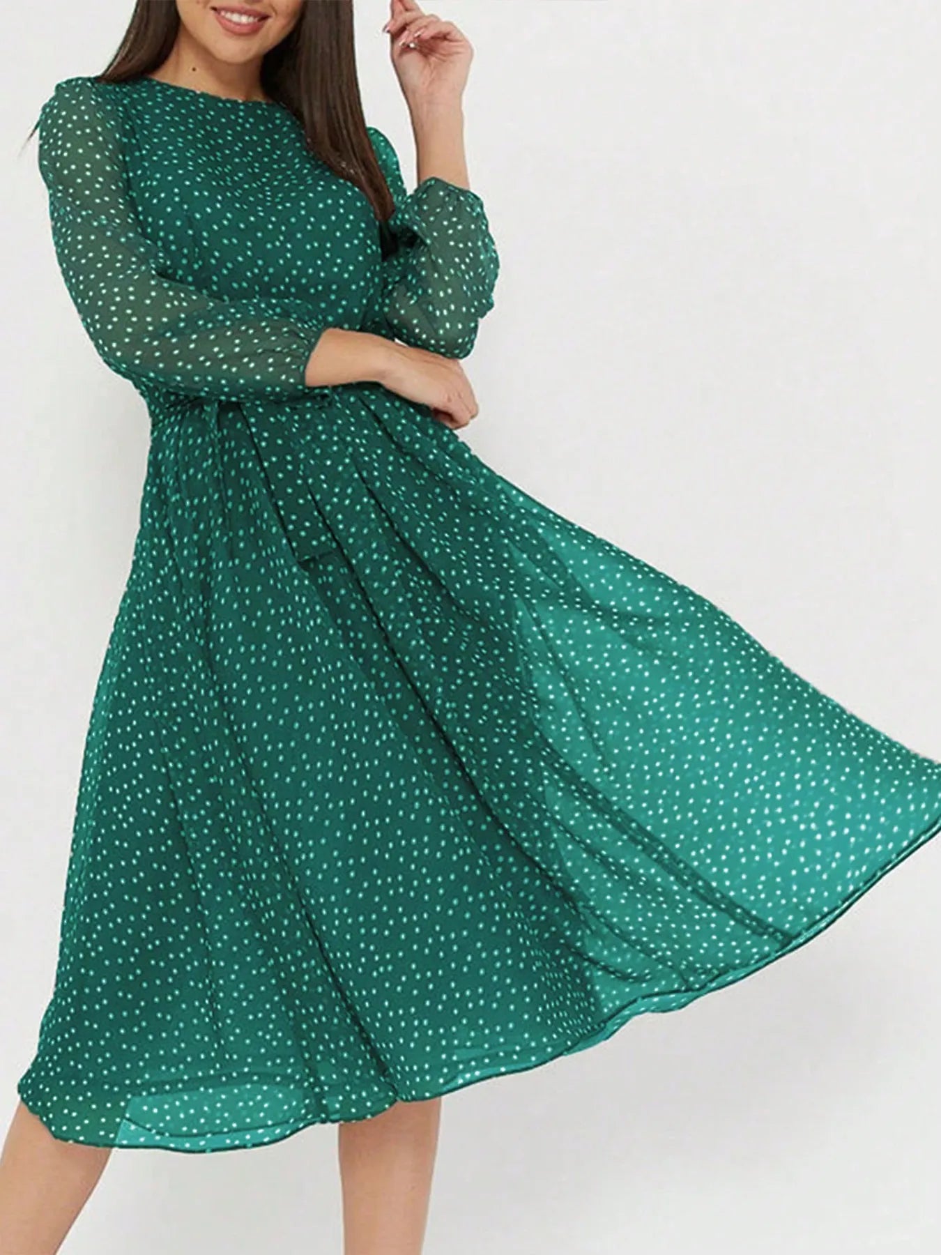 Image of Printed Round Neck Long Sleeve Midi Dress | Queeble.shop
