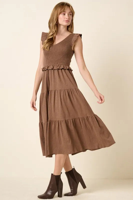Image of Mittoshop Smocked Ruffled Tiered Midi Dress | Queeble.shop