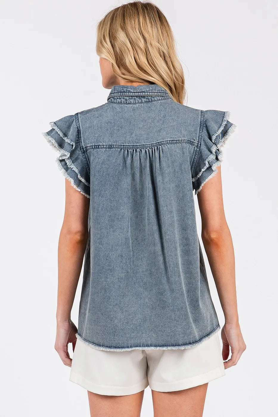 Image of Mittoshop Washed Denim Ruffle Short Sleeve Collared Shirt | Queeble.shop