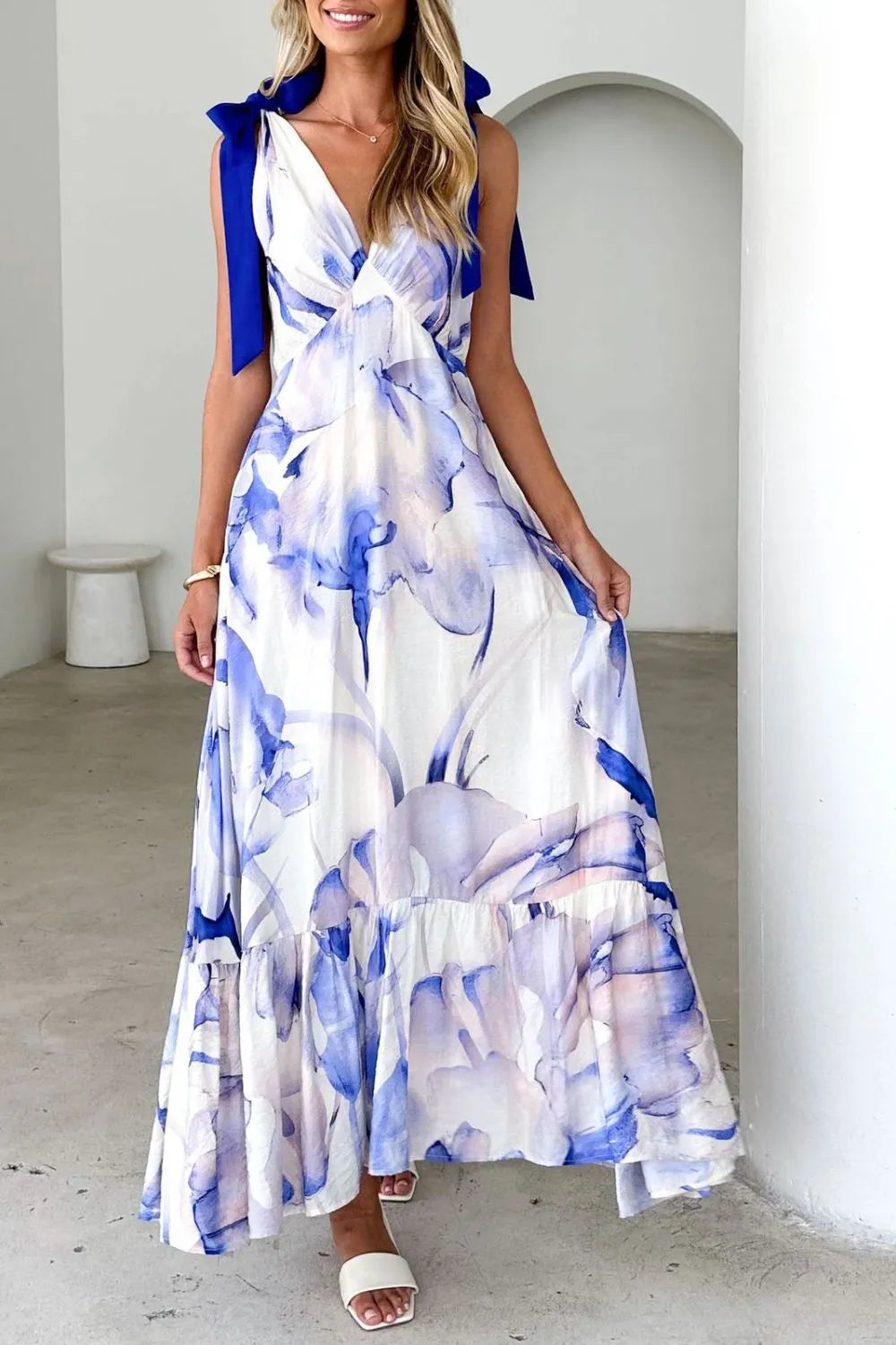 Image of Printed V-Neck Tie Shoulder Midi Cami Dress | Queeble.shop