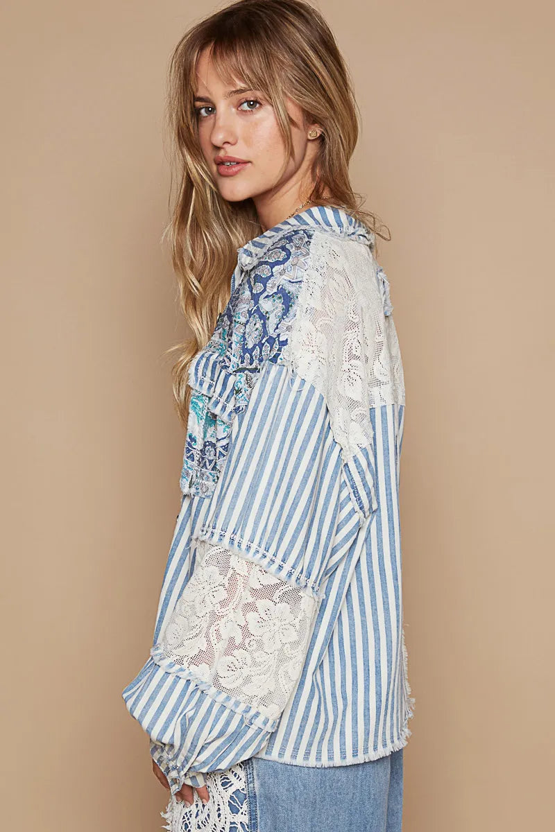 Image of POL Printed Woven Mix Raw Hem Jacket with Lace Detail | Queeble.shop