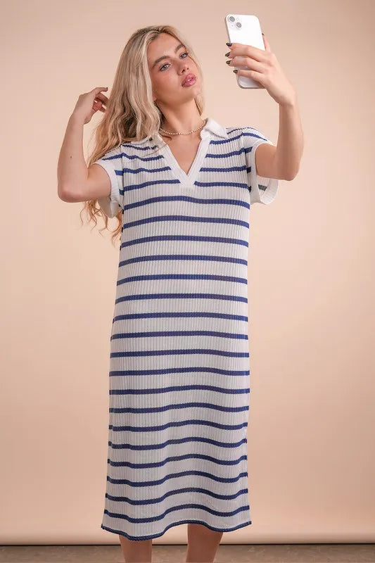 Image of VERY J Oversized Collared Striped Knit Midi Dress | Queeble.shop
