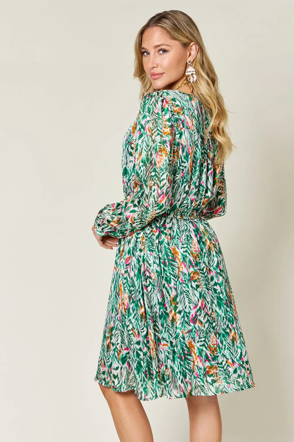 Image of Double Take Full Size Printed Drawstring Waist Long Sleeve Dress | Queeble.shop