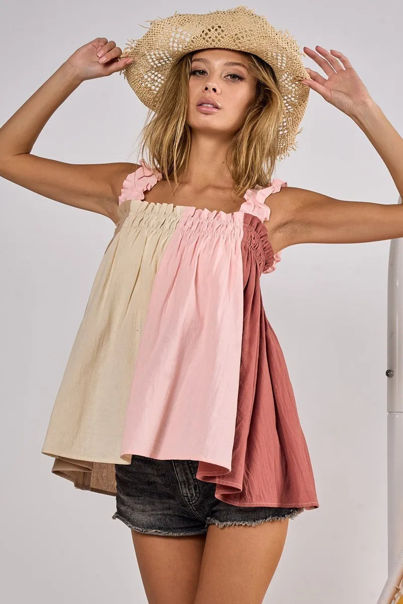Image of BiBi Frill Shoulder Strap Color Block Bodice Top | Queeble.shop