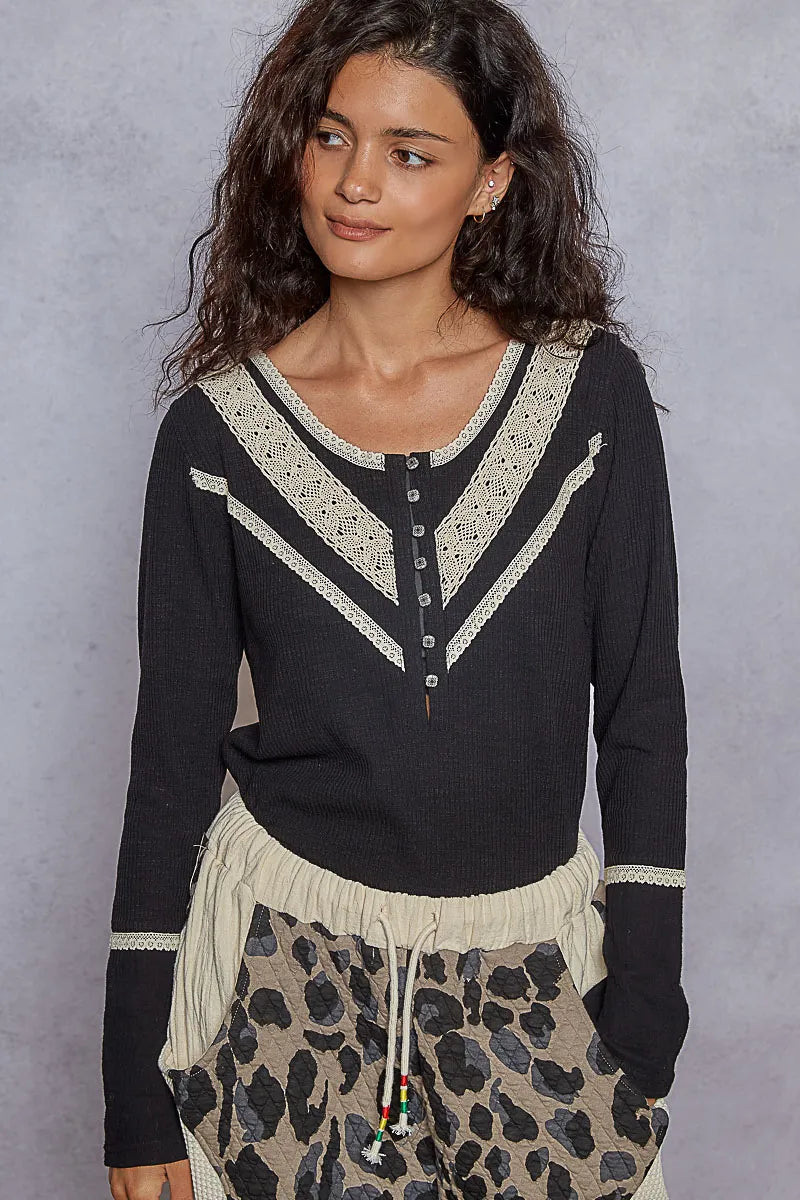 Image of POL Ribbed Half Button Lace Detail Knit Top | Queeble.shop
