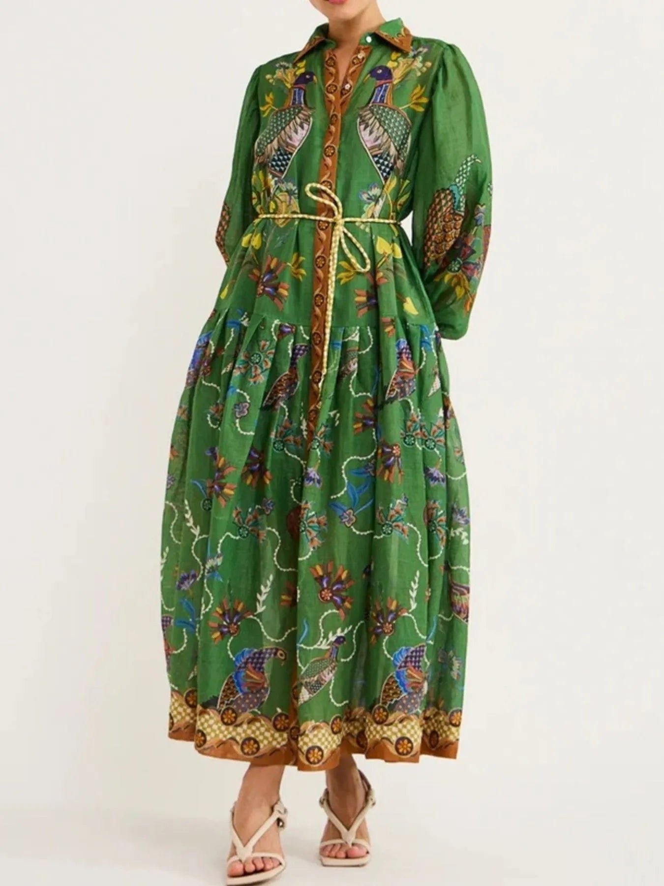 Image of Printed Lantern Sleeve Maxi Shirt Dress | Queeble.shop