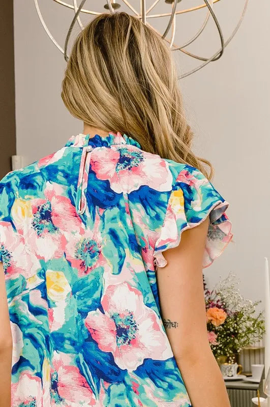 Image of BiBi Floral Round Neck Ruffled Cap Sleeve Blouse | Queeble.shop