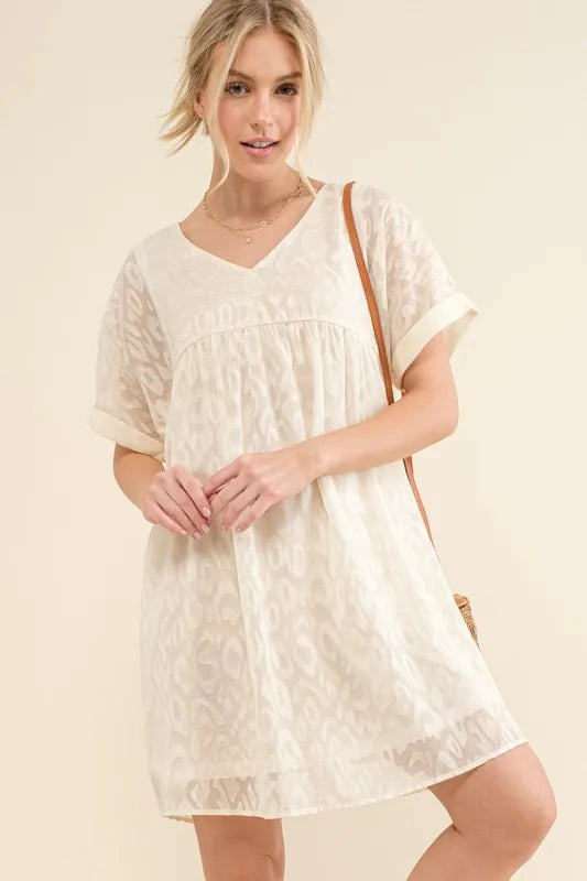 Image of And The Why Woven Leopard Baby Doll Roll-Sleeve Casual Dress | Queeble.shop