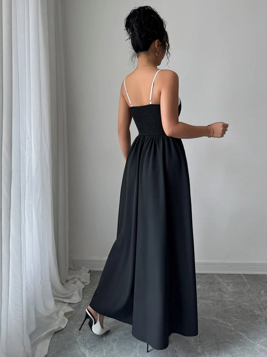 Image of Decorative Button Contrast Maxi Cami Dress | Queeble.shop