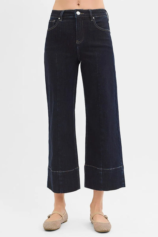 Image of RISEN Tummy Control High Rise Crop Wide Seam Detailed Jeans | Queeble.shop