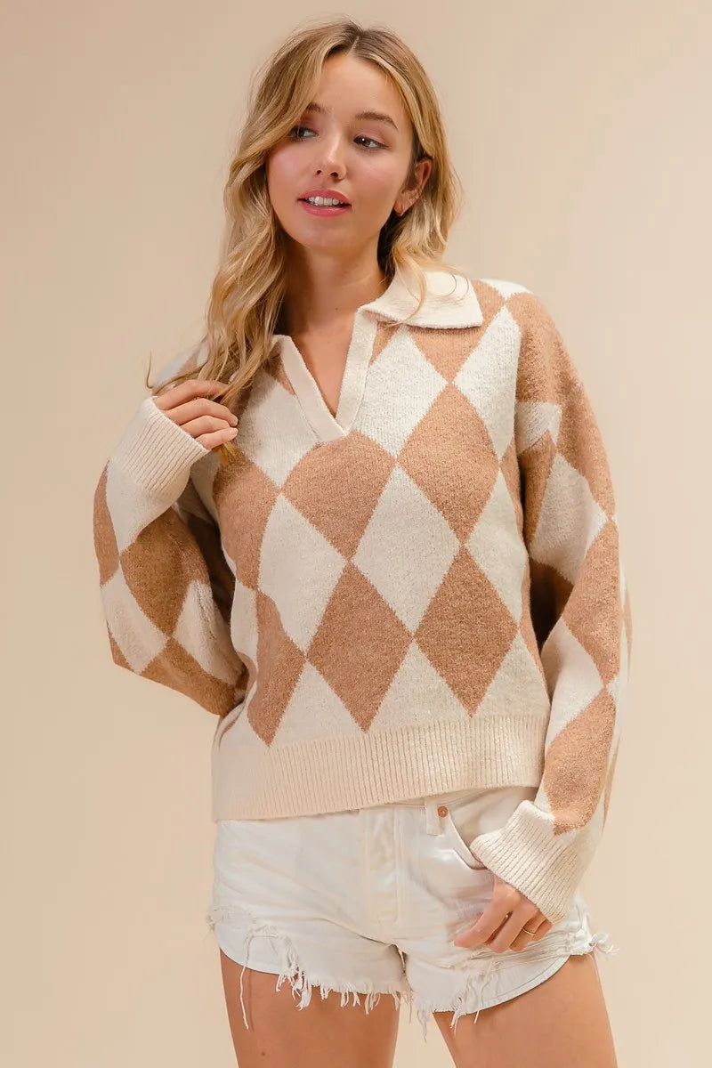 Image of BiBi Diamond Pattern Collared Notch Neck Sweater | Queeble.shop
