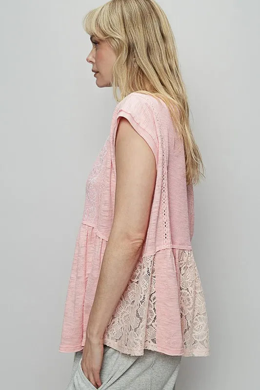 Image of POL Embroidered Detail Boat Neck Cap Sleeve Lace Blouse | Queeble.shop