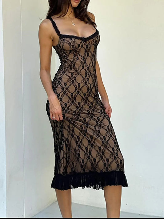 Image of Lace V-Neck Midi Cami Dress | Queeble.shop