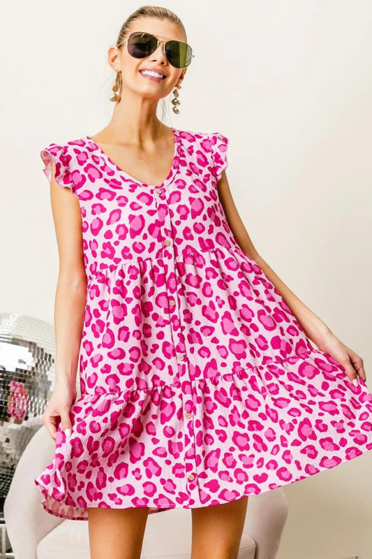 Image of BiBi Leopard Cap Sleeve Tiered Mini Dress | Queeble.shop