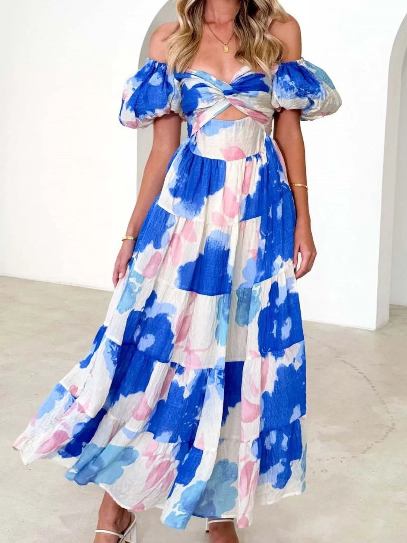 Image of Off-Shoulder Floral Tiered Dress with Ruffle Details | Queeble.shop