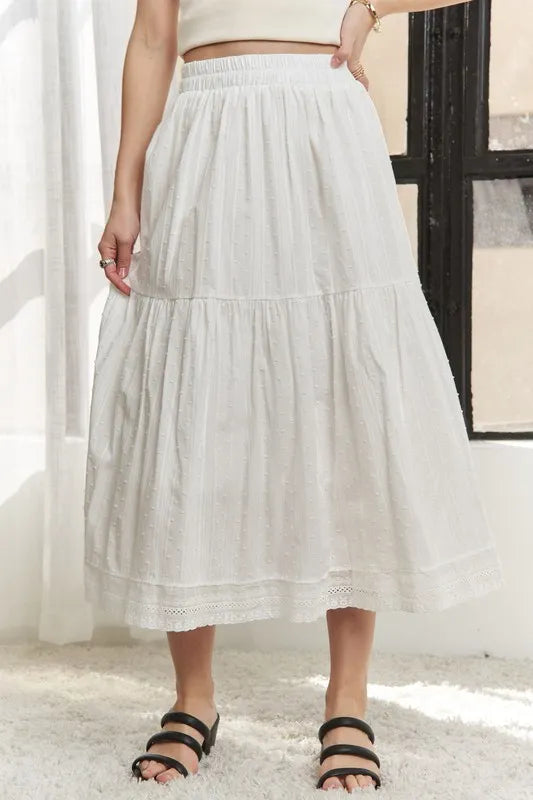 Image of ADORA Elastic Waistband Tiered Midi Skirt | Queeble.shop