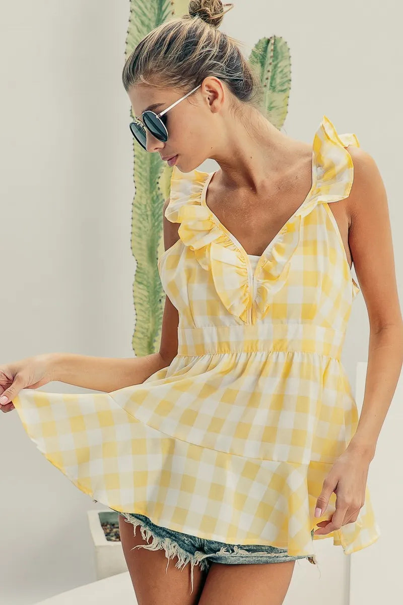 Image of BiBi Ruffled Neckline Sleeveless Check Plaid Peplum Top | Queeble.shop