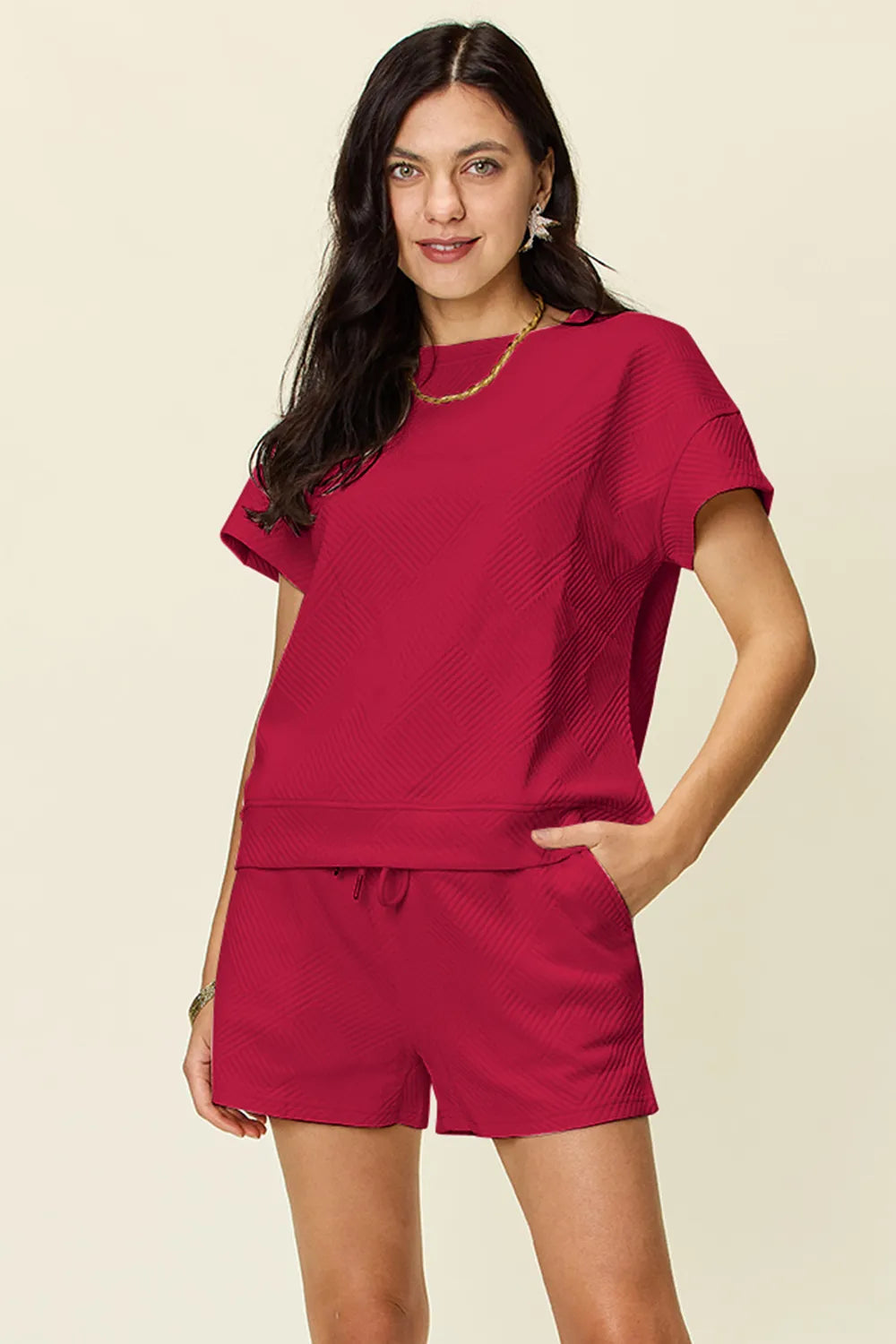 Image of Double Take Full Size Texture Short Sleeve T-Shirt and Drawstring Shorts Set | Queeble.shop