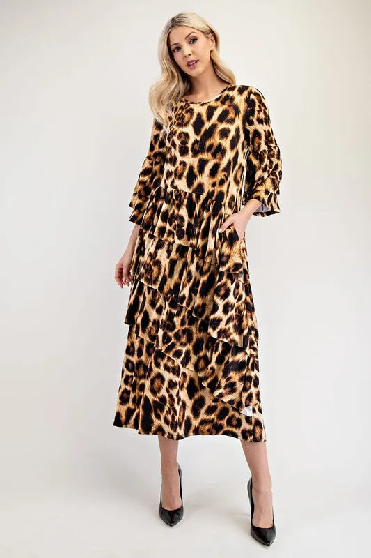 Image of Celeste Full Size Leopard Asymmetrical Ruffle Midi Dress Plus Size | Queeble.shop