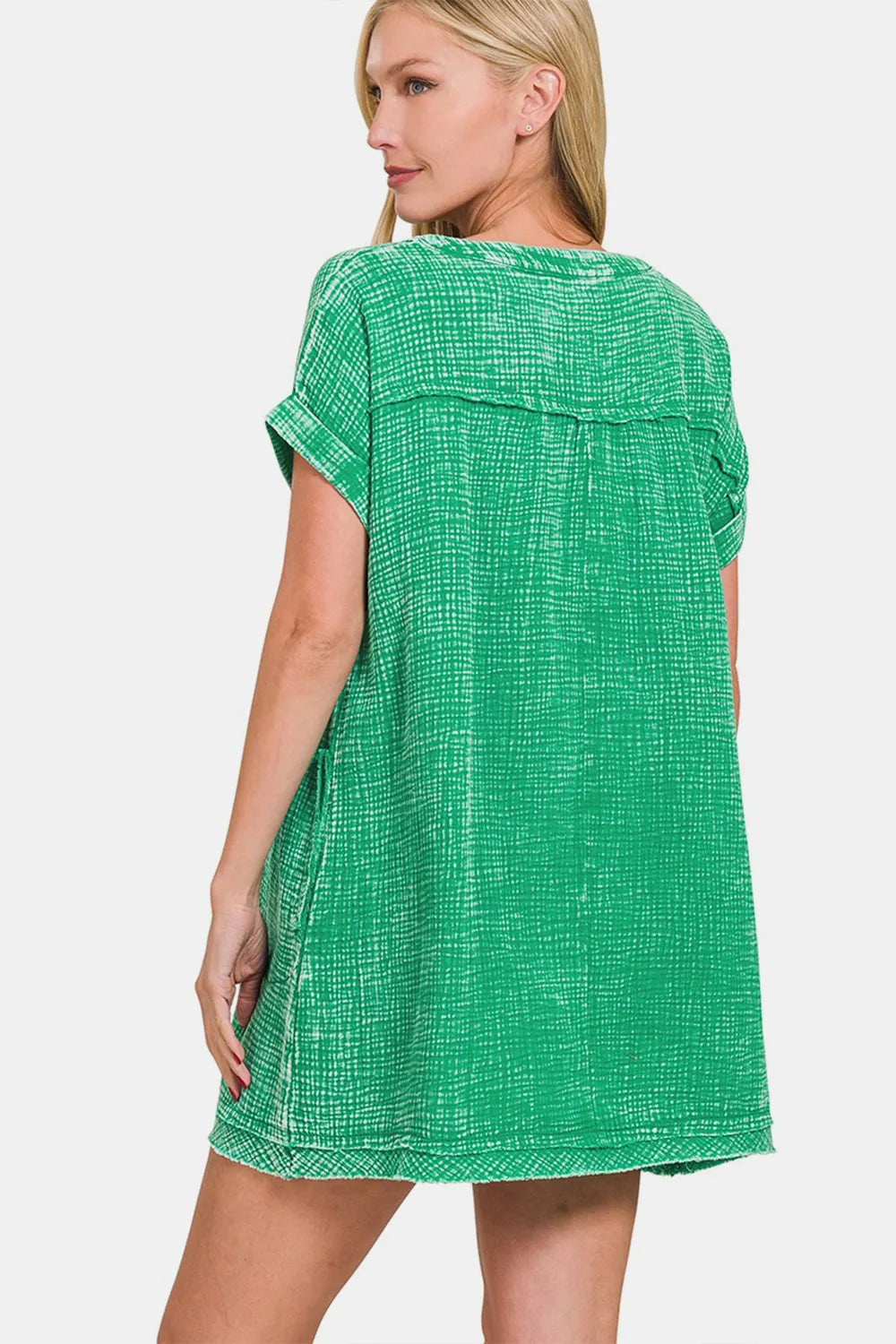 Image of Zenana Washed Notched Short Sleeve Mini Dress | Queeble.shop