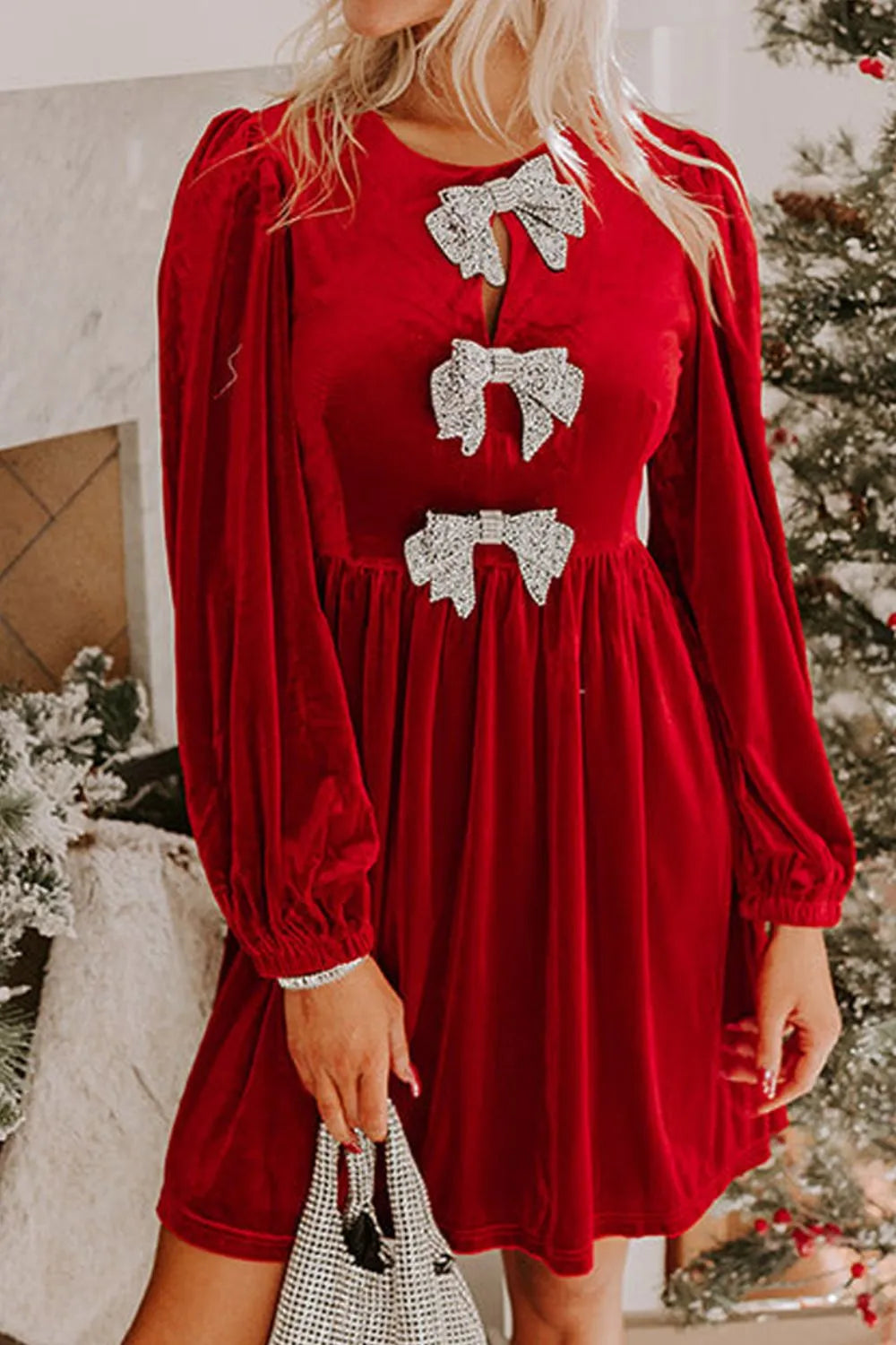 Image of Velvet Bow Front Balloon Sleeve Dress | Queeble.shop