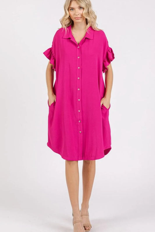 Image of Mittoshop Button Down Flounce Sleeve Dress with Pockets | Queeble.shop
