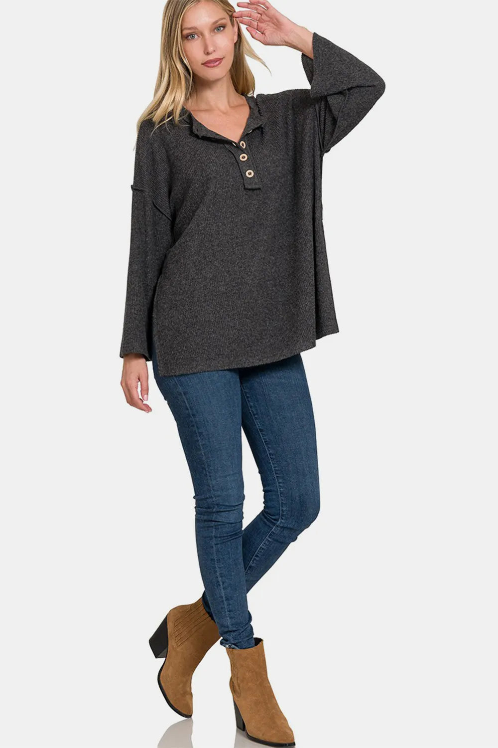 Image of Zenana Full Size Ribbed Half Button Slit Knit Top | Queeble.shop