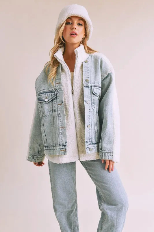Image of Aemi + Co Denim Washed Drop Shoulder Sherpa Fake Two Pieces Jacket | Queeble.shop