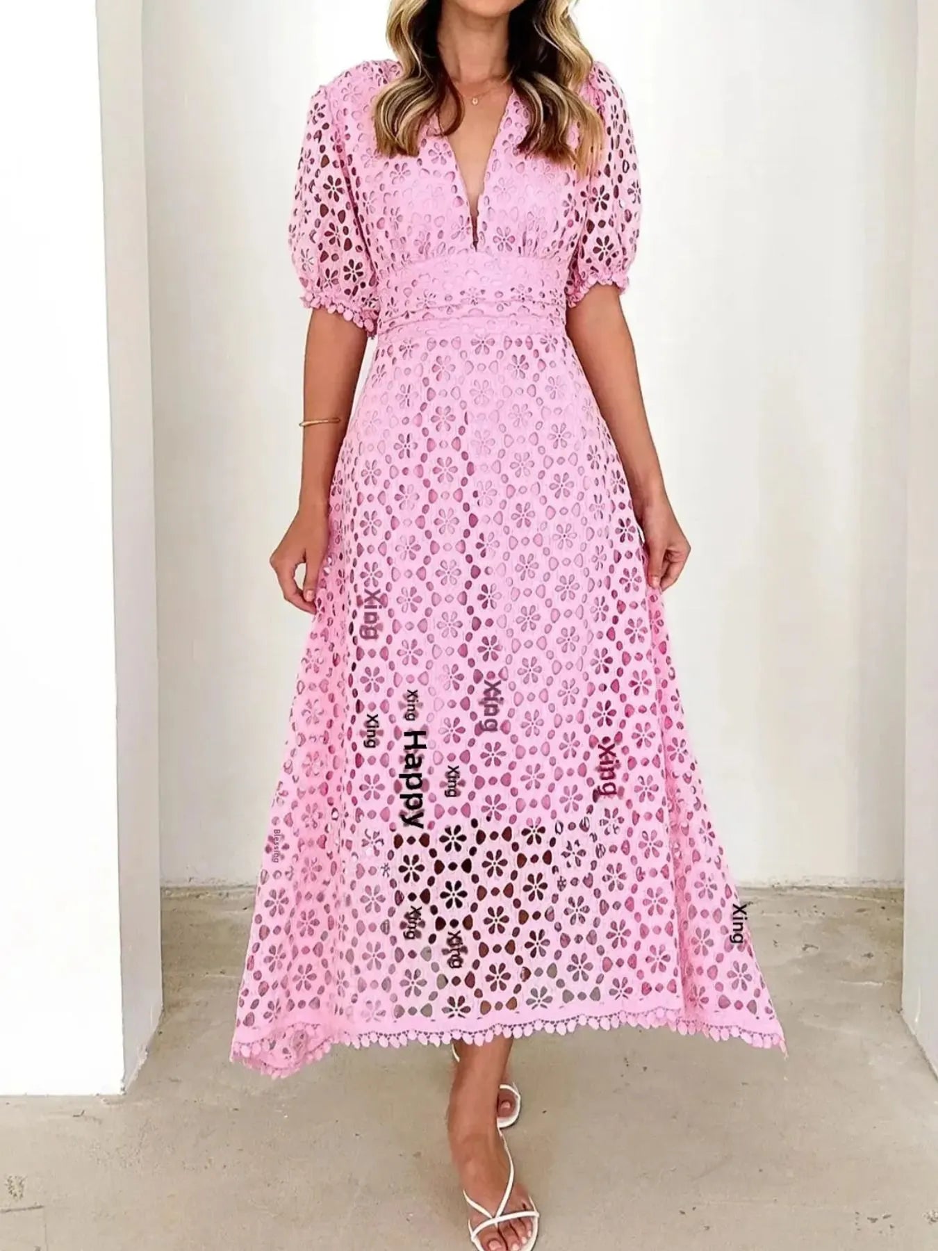 Image of Eyelet Lace V-Neck Midi Dress with Puff Sleeves | Queeble.shop