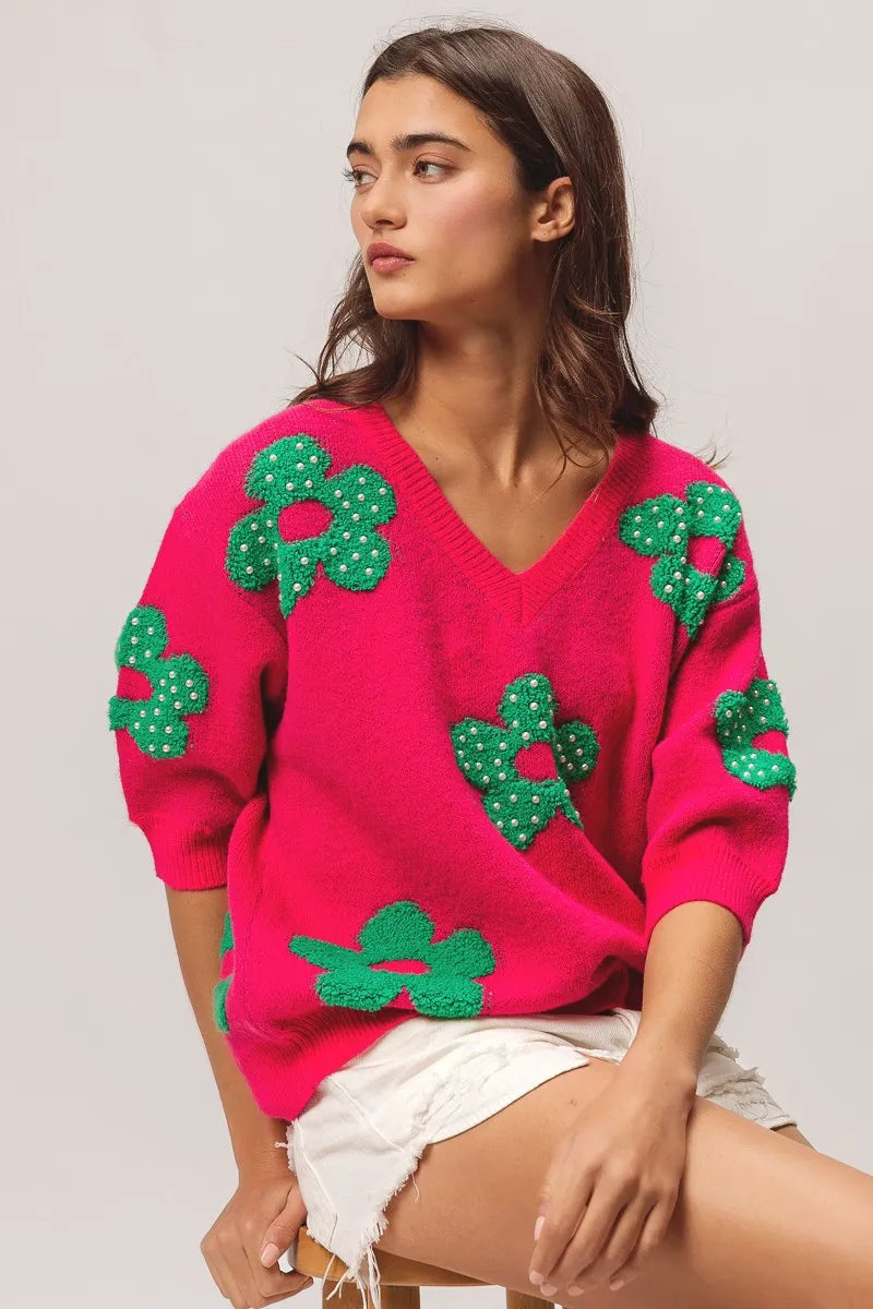Image of BiBi Pearl Beads Flowers Sweater Top | Queeble.shop