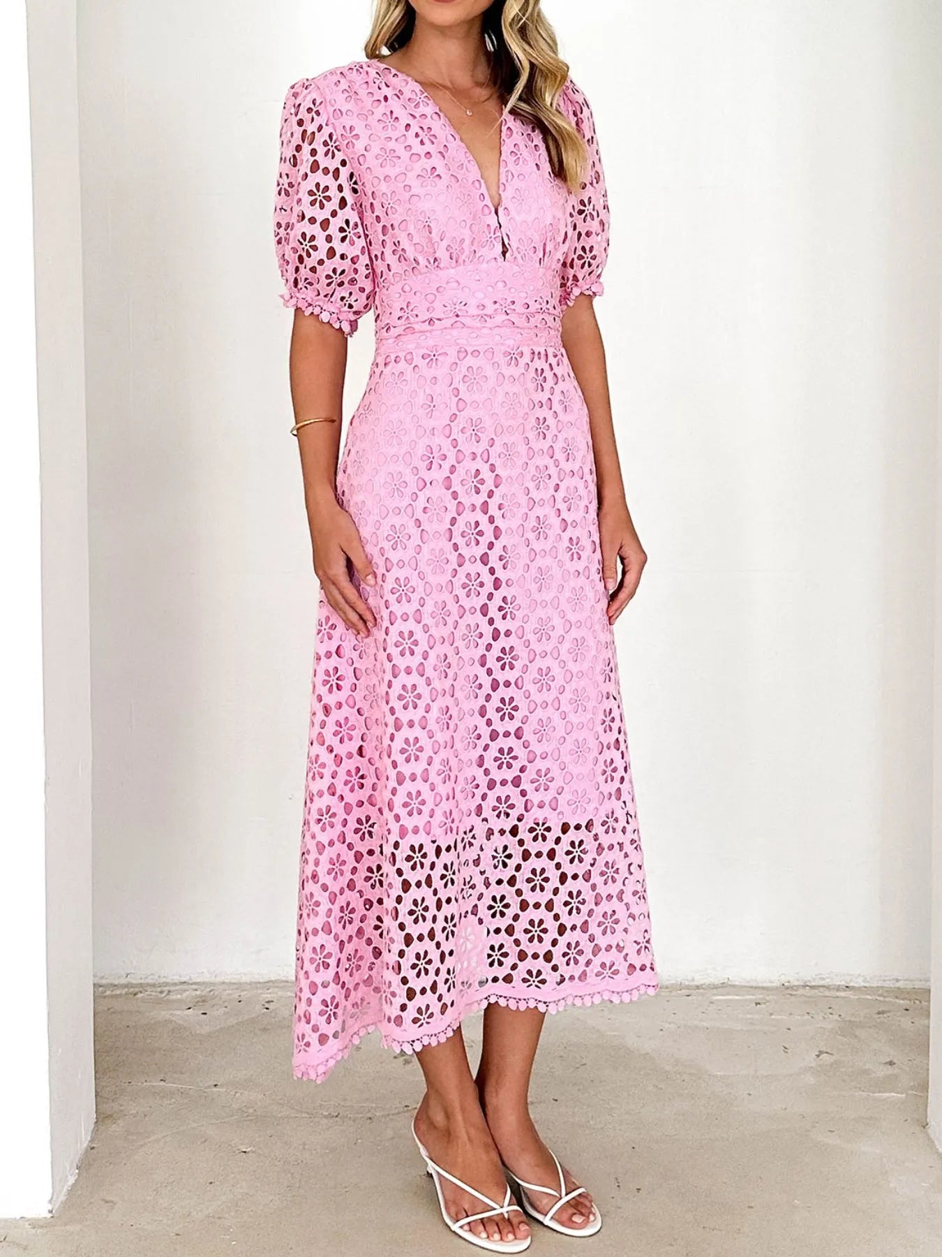 Image of Eyelet Lace V-Neck Midi Dress with Puff Sleeves | Queeble.shop