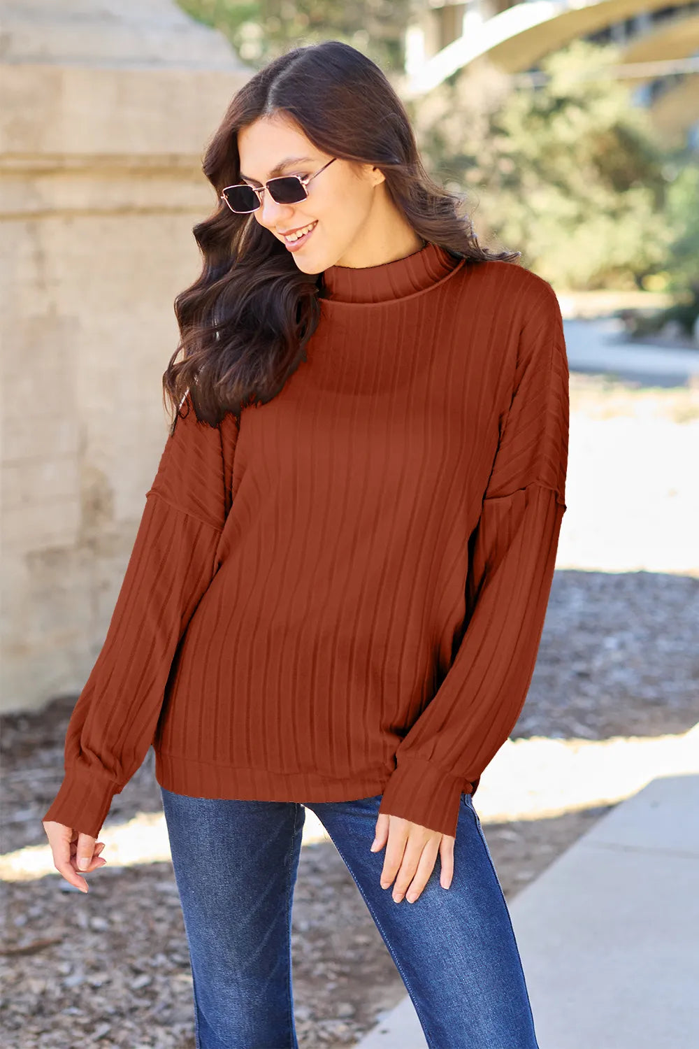 Image of Basic Bae Full Size Ribbed Exposed Seam Mock Neck Knit Top | Queeble.shop