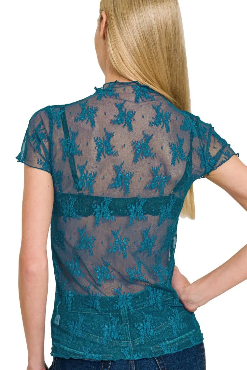 Image of Zenana Lace See-through Layering Short Sleeve Top | Queeble.shop