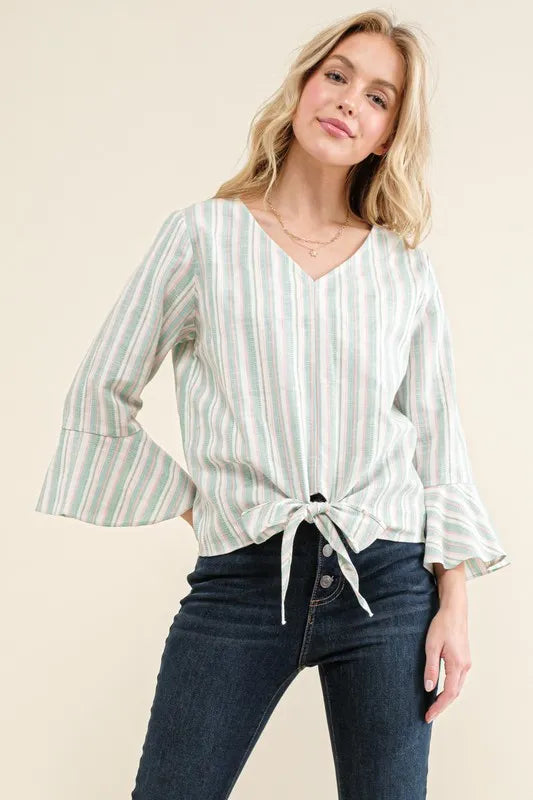 Image of And The Why Stripe Tie Knot Front Bell Sleeve Top | Queeble.shop