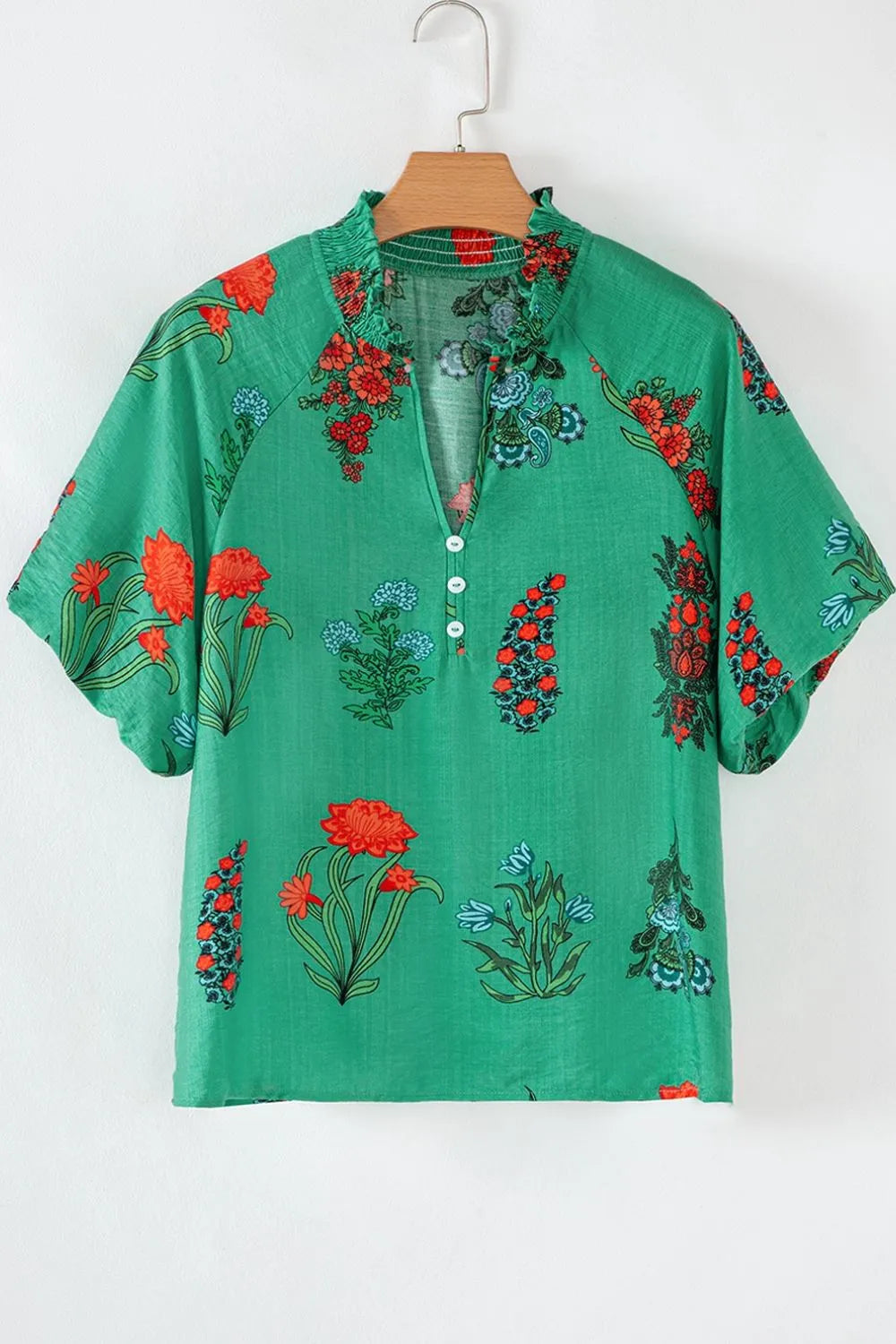 Image of Floral Print Notched Short Sleeve Blouse | Queeble.shop