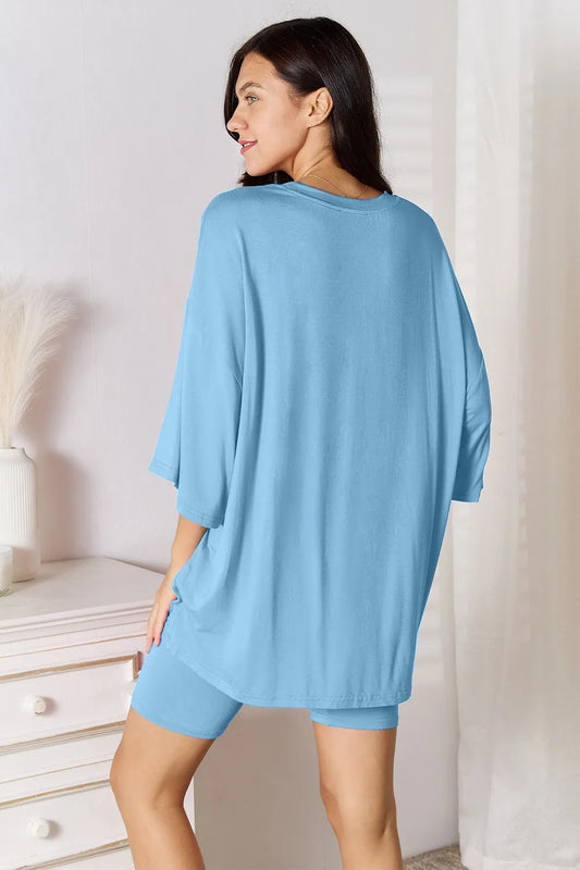 Image of Basic Bae Bamboo Full Size Round Neck Drop Shoulder T-Shirt and Shorts Set | Queeble.shop