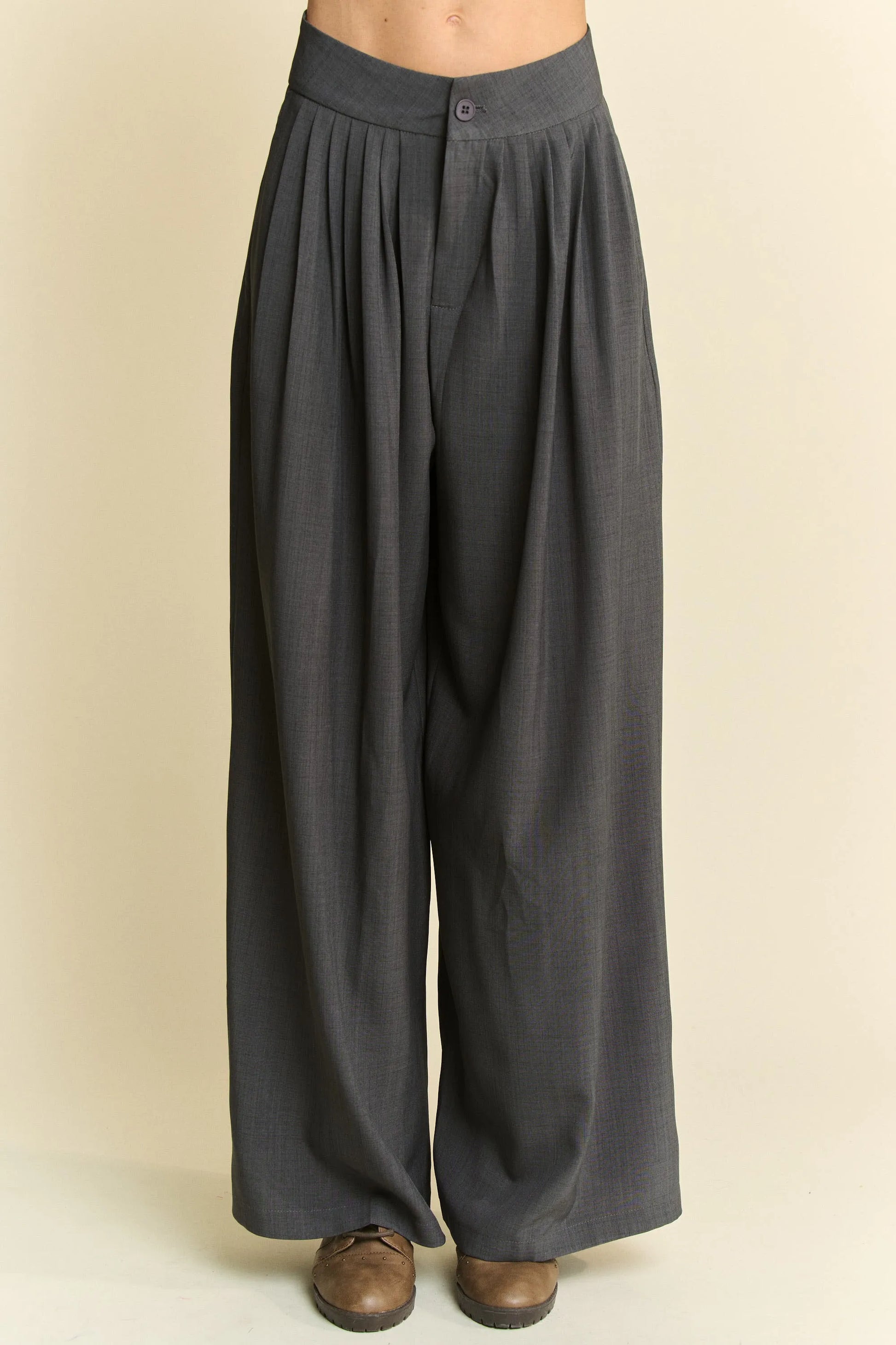 Image of Davi & Dani Solid Back Pocket Shirring Detail Wide Leg Pants | Queeble.shop