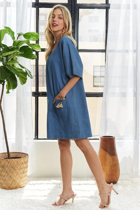 Image of ADORA V-Neck Half Sleeve Mini Denim Dress | Queeble.shop