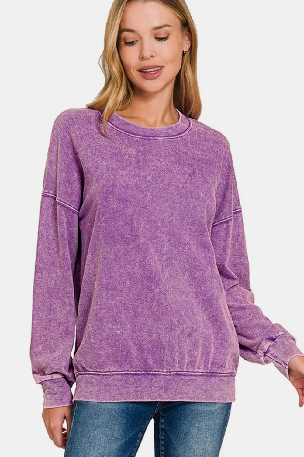 Image of Zenana Washed Round Neck Dropped Shoulder Sweatshirt | Queeble.shop