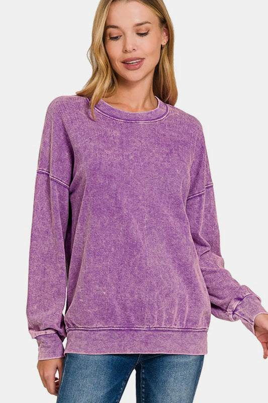 Image of Zenana Washed Round Neck Dropped Shoulder Sweatshirt | Queeble.shop
