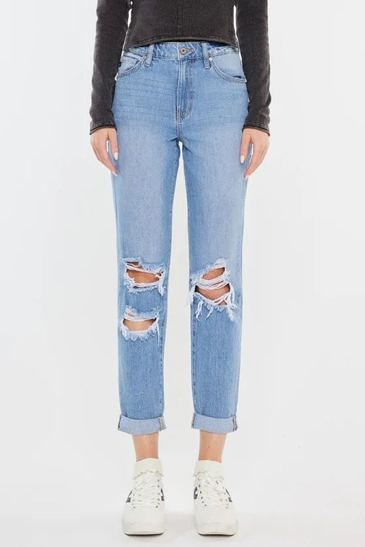 Image of Kancan High Rise Distressed Mom Jeans | Queeble.shop