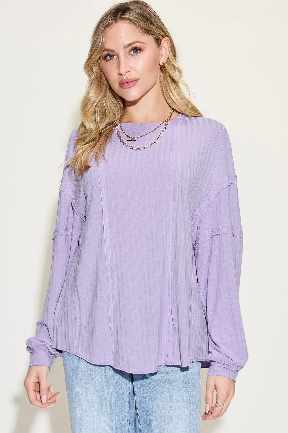 Image of Basic Bae Full Size Ribbed Round Neck Long Sleeve T-Shirt | Queeble.shop