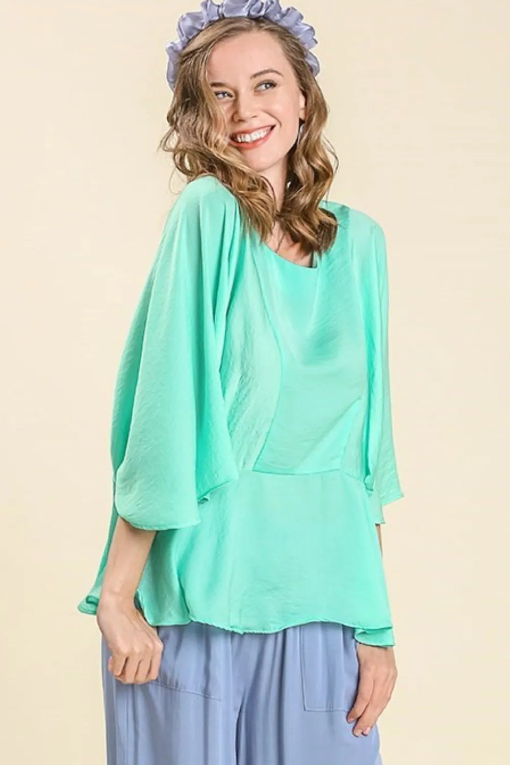 Image of Umgee Full Size Satin Pleated Peplum Round Neck Blouse Plus Size | Queeble.shop