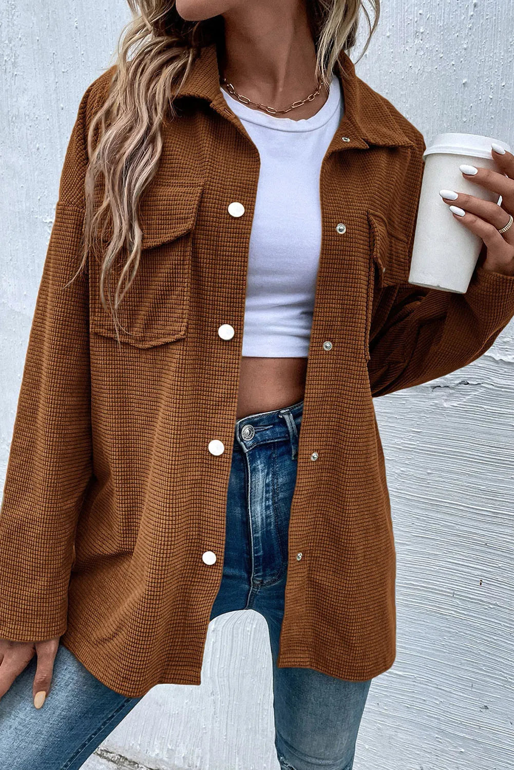 Image of Pocketed Snap Down Long Sleeve Jacket | Queeble.shop