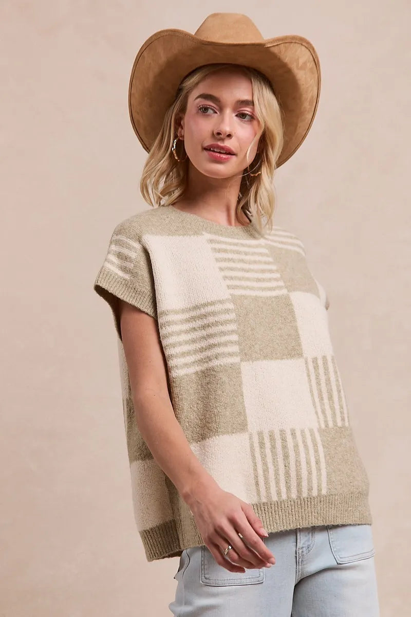 Image of BiBi Checker With Stripes Pattern Sleeveless Sweater | Queeble.shop